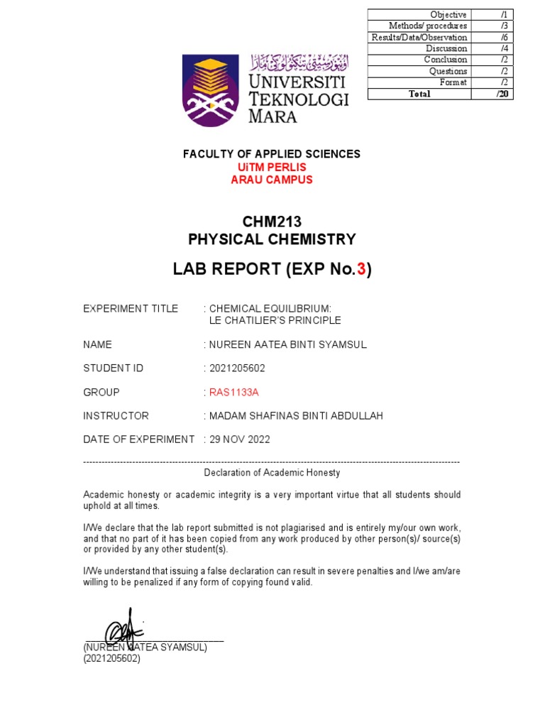 EXP 3 CHM213 UiTM PDF Chemical Equilibrium Physical Chemistry