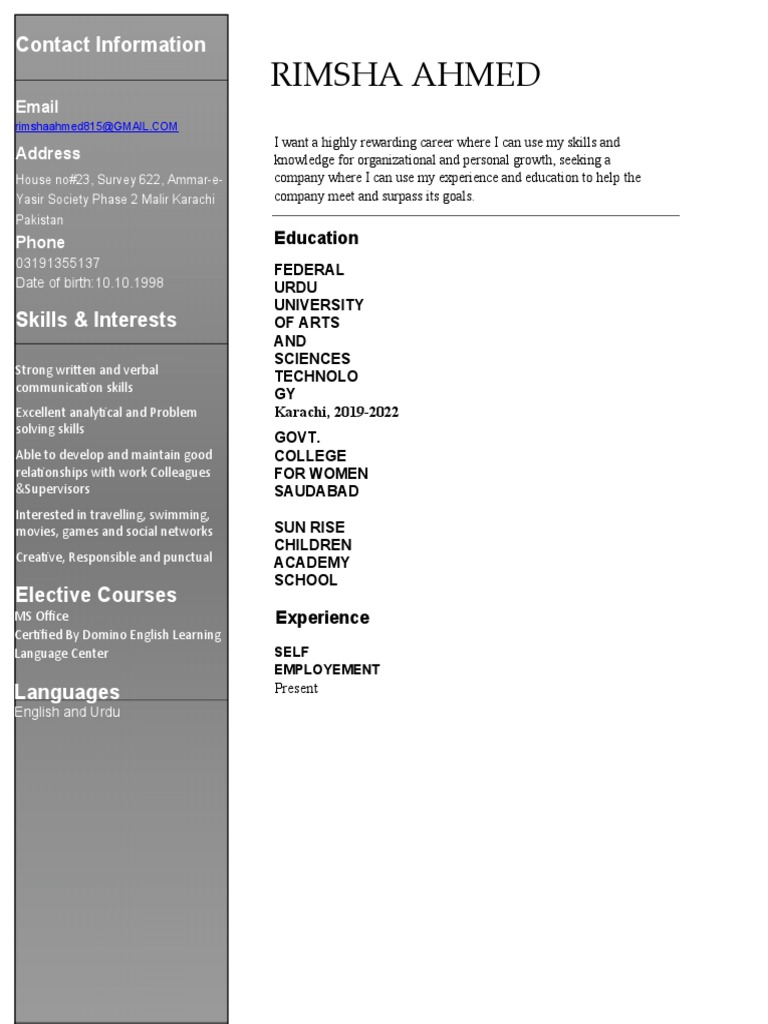 Rimsha Ahmed's Career Profile | PDF