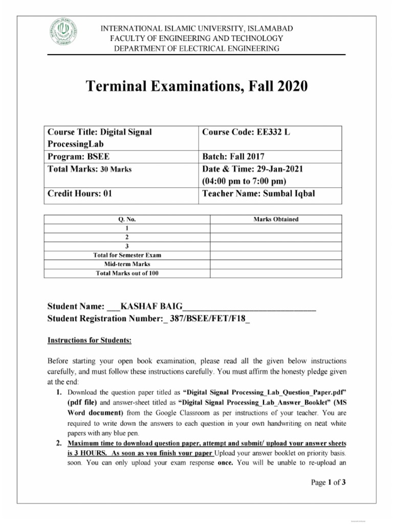 387 Kashaf Baig DSP Lab Answer Booklet | PDF