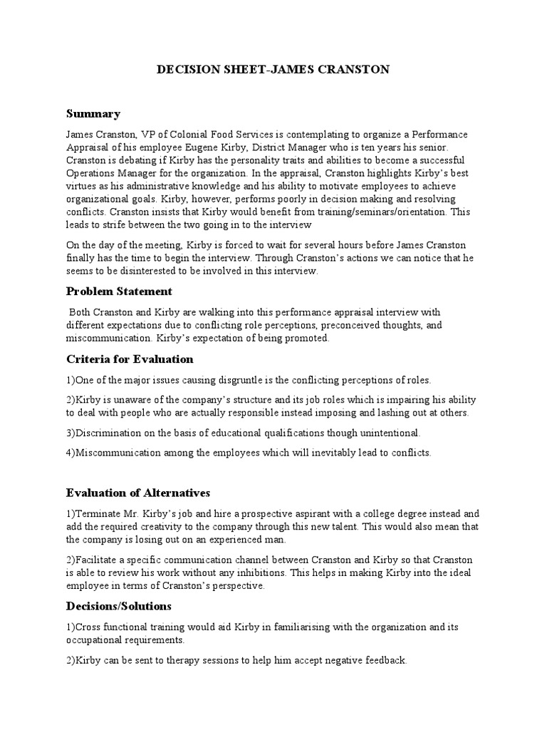 DECISION SHEETJames Cranston PDF Performance Appraisal Cognition