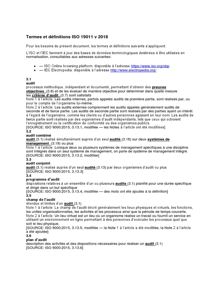 Termes et définitions de l'ISO 19011 | PDF | Audit | Risque