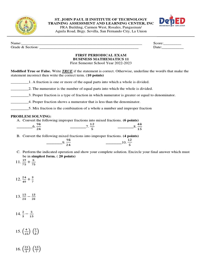Business Math Periodical Exam PDF Numbers Arithmetic