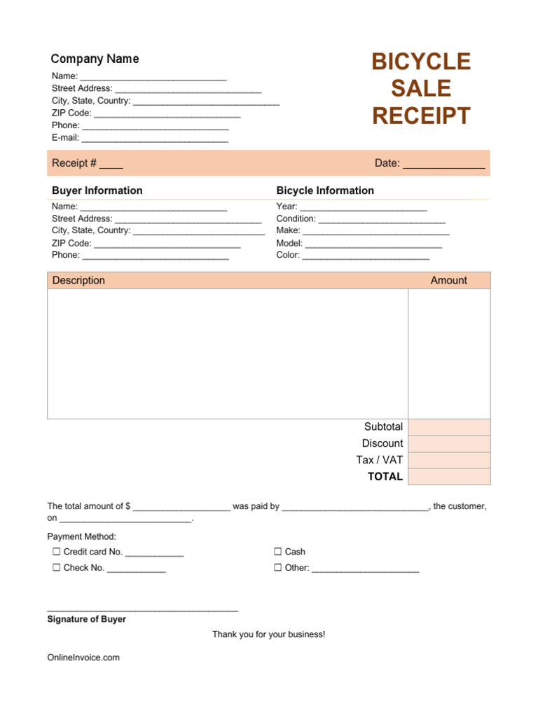 Bike Sale Receipt Template PDF