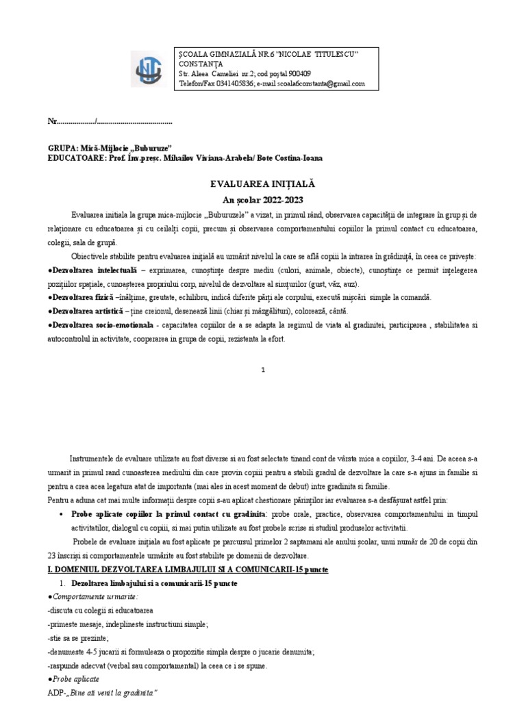 Evaluare Initiala Grupa Mica | PDF
