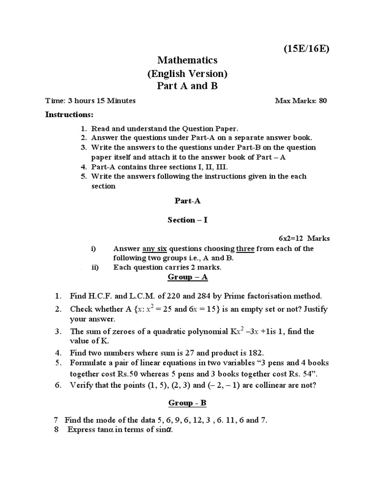 Mathematics Exam Paper: Parts A & B | PDF | Area | Sphere