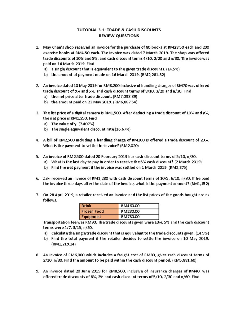 Trade and Cash Discounts Tutorial | PDF | Discounting | Financial Services