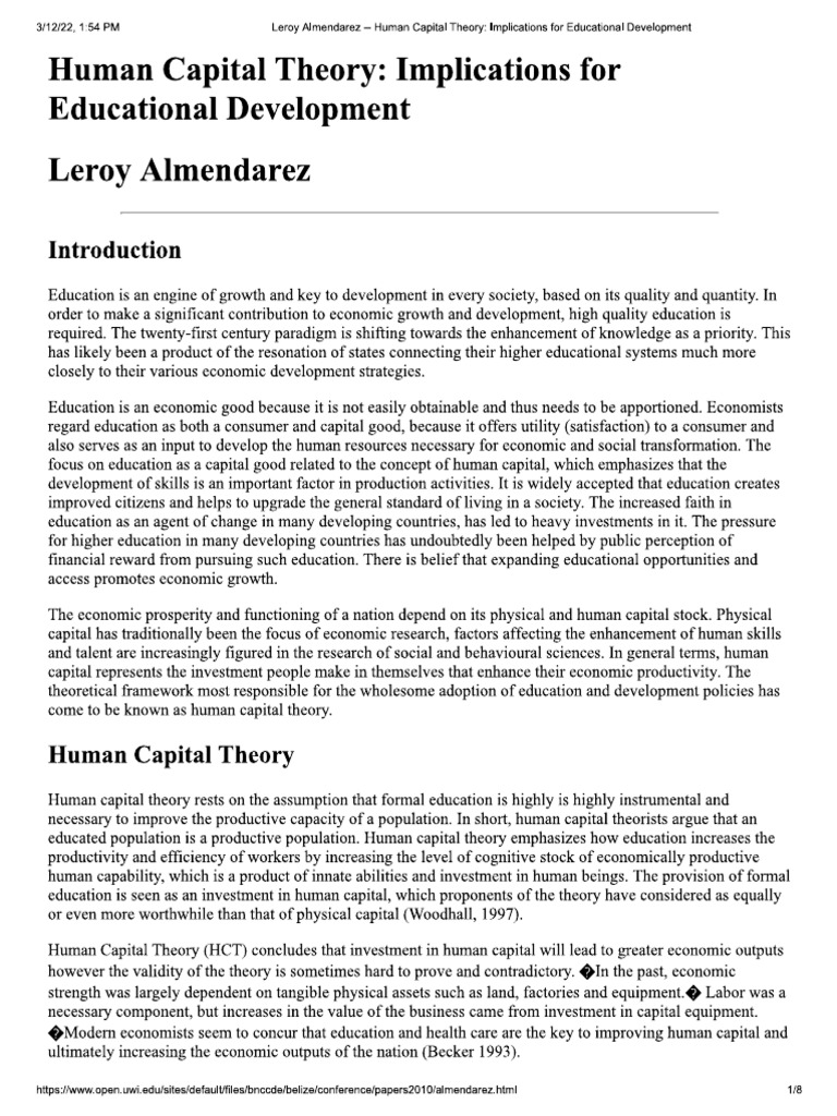 Human Capital Theory - Implications For Educational Development | PDF