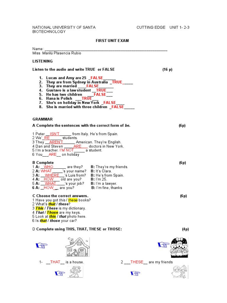 CUTTING EDGE UNIT 1-2 Elementary Midterm (Autoguardado) | PDF | Pasta ...