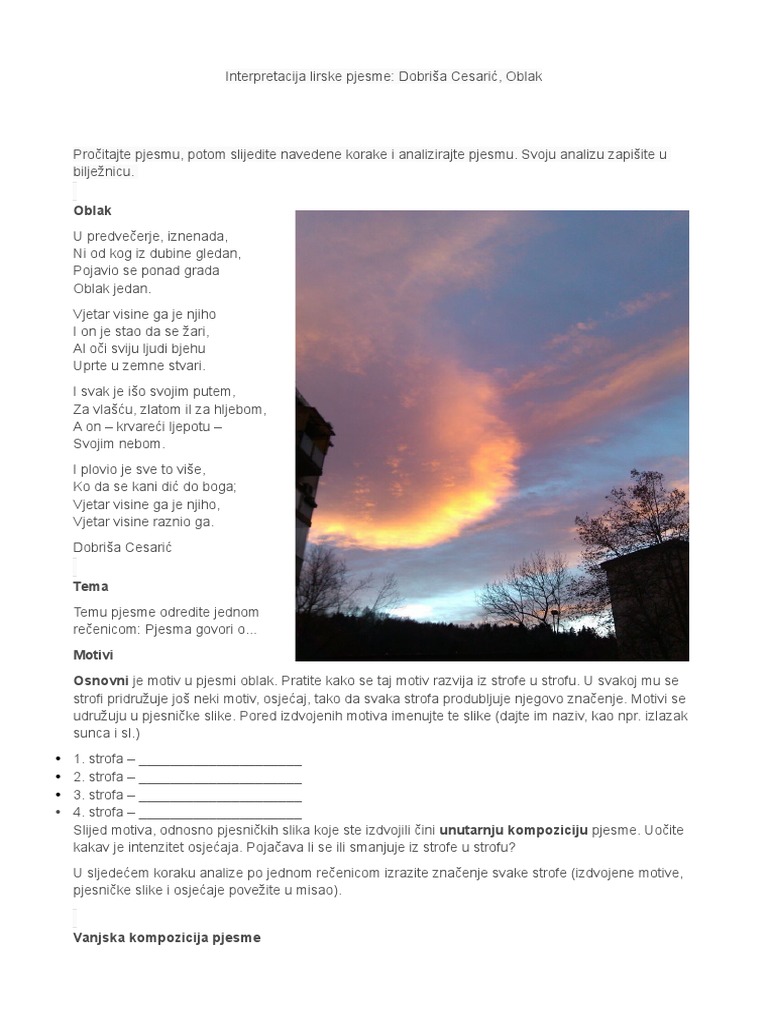Interpretacija Lirske Pjesme Dobriša Cesarić, Oblak | PDF