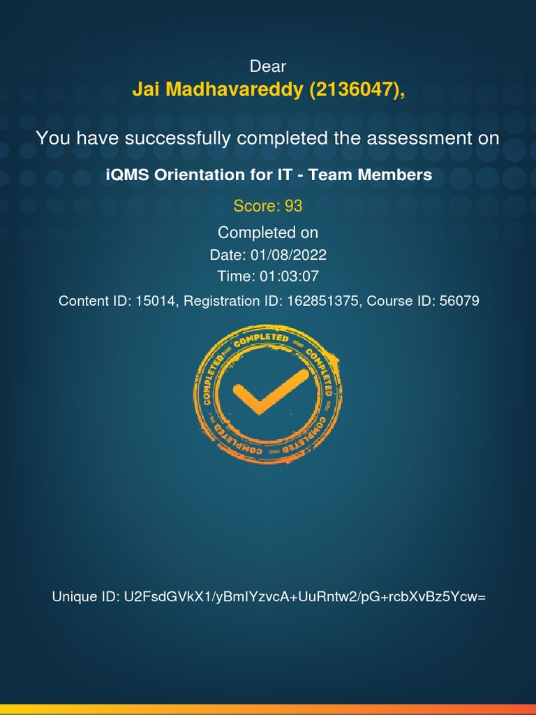 iQMS Orientation For IT - Team Members - Completion - Certificate | PDF