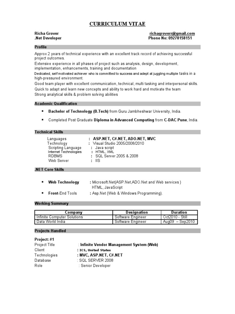 Richa Grover: .Net Developer CV | PDF | Active Server Pages | World ...
