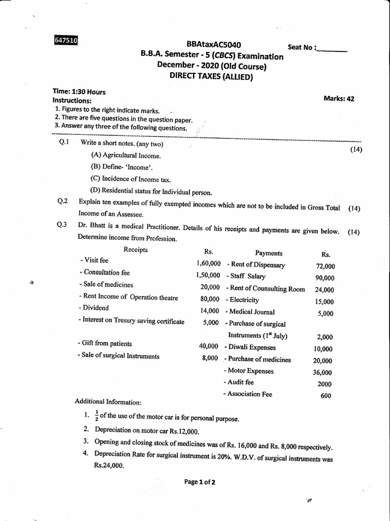 BBA 5 - Direct Taxes - Old Course - Dec - 2020 | PDF
