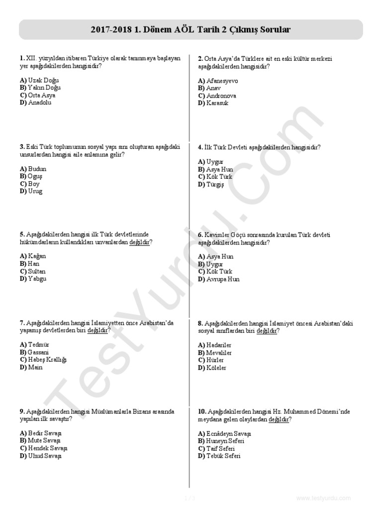 2017 2018 1 Donem Aol Tarih 2 Cikmis Sorular | PDF
