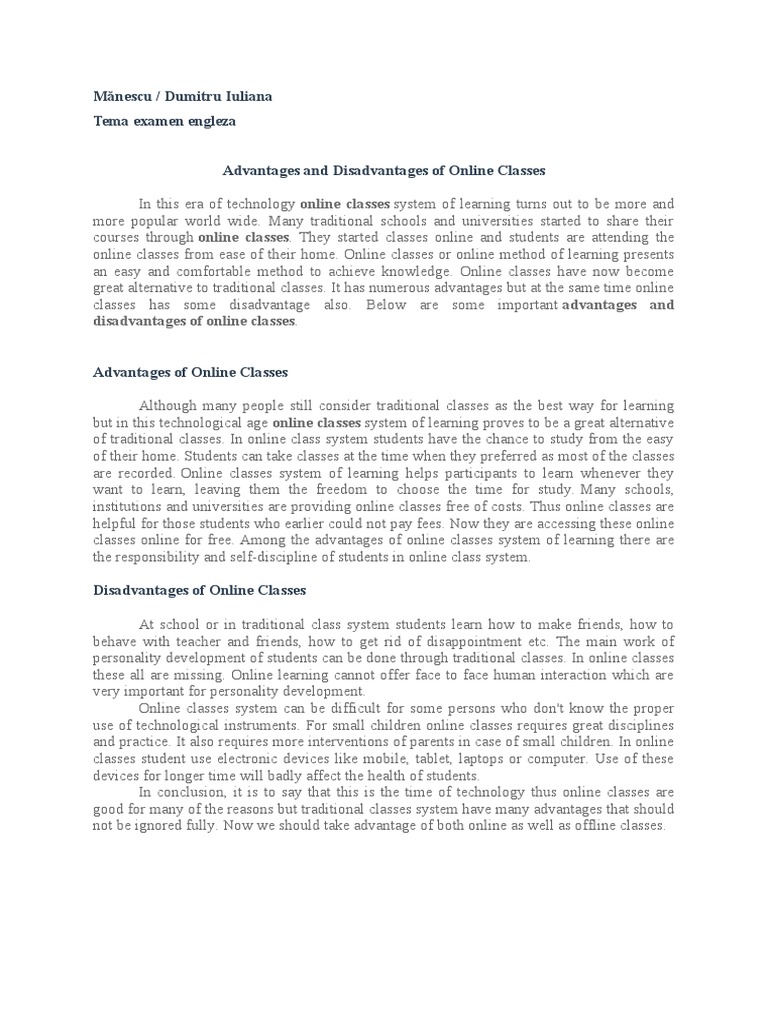Advantages and Disadvantages of Online Classes | PDF | Educational