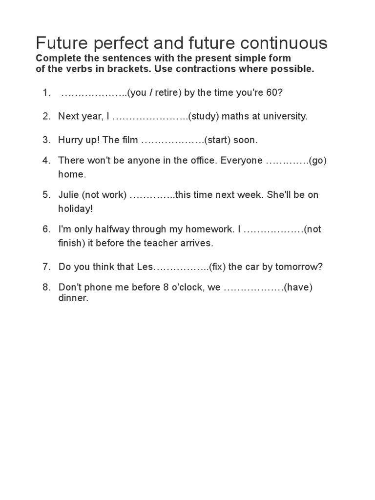 Future Perfect and Continuous Exercises | PDF | Linguistic Typology ...