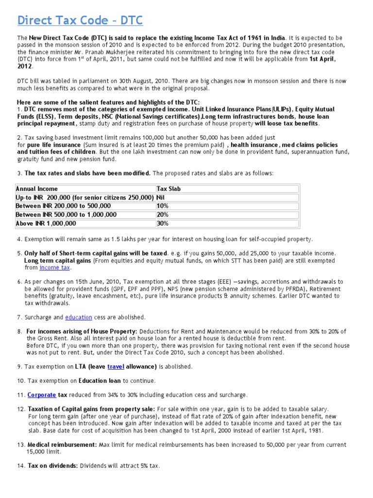 Direct Tax Code PDF Capital Gains Tax Employee Benefits