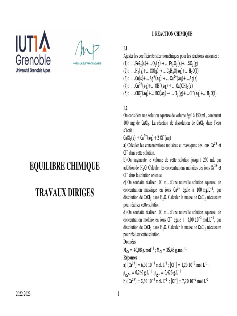Exercices sur l'équilibre chimique | PDF | Équilibre chimique ...
