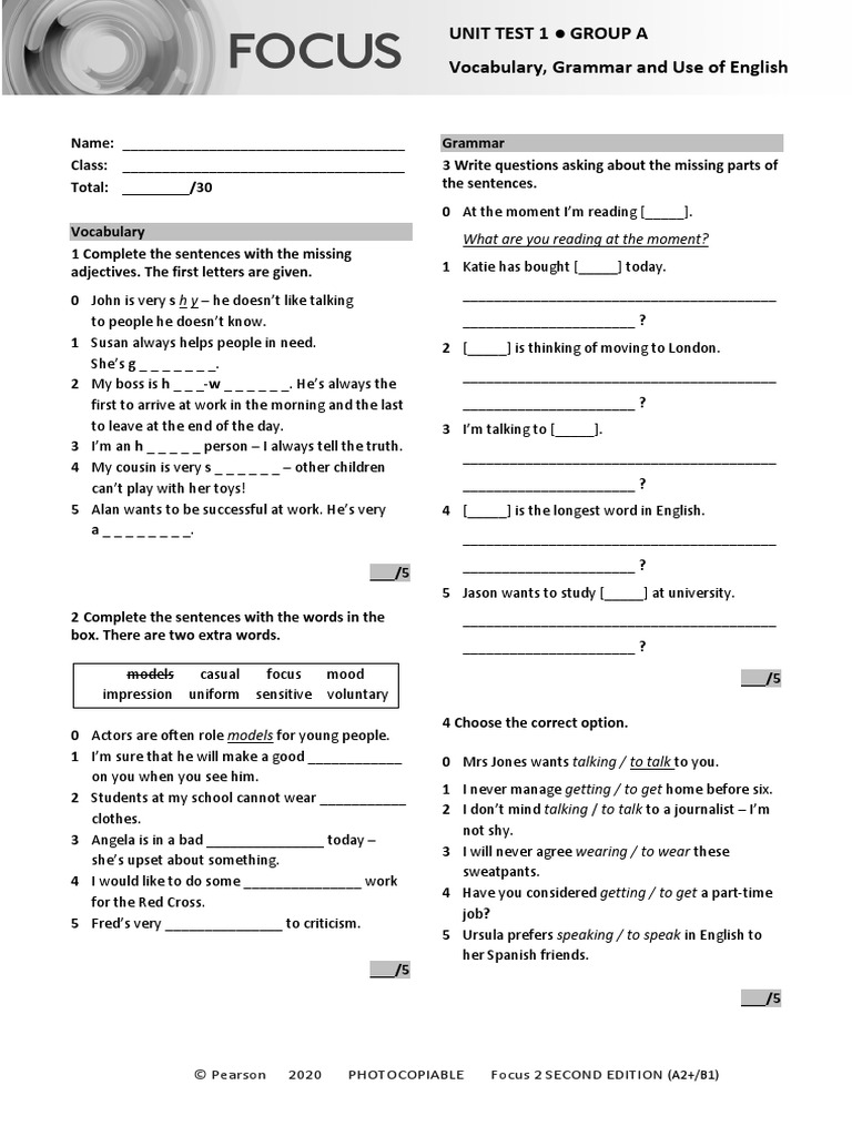 Focus2 2E Unit Test Vocabulary Grammar UoE Unit1 GroupA | PDF | English ...
