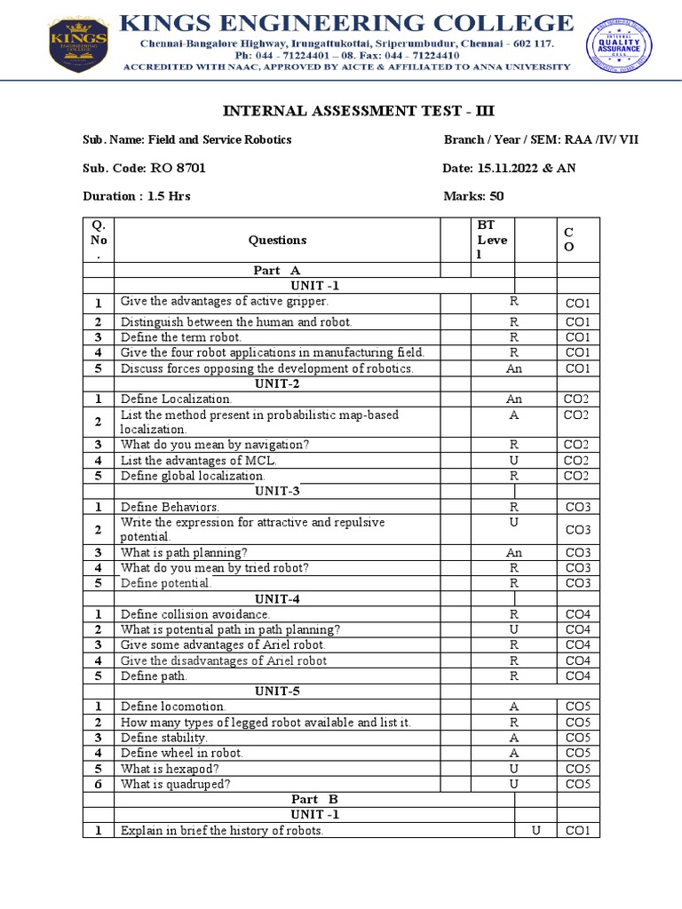 FSR Question Bank PDF Cognitive Science Robotics
