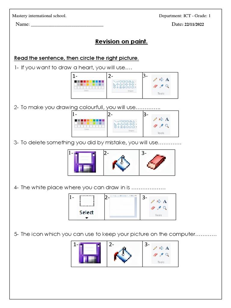 MS Paint Revision Worksheet for Grade 1 | PDF