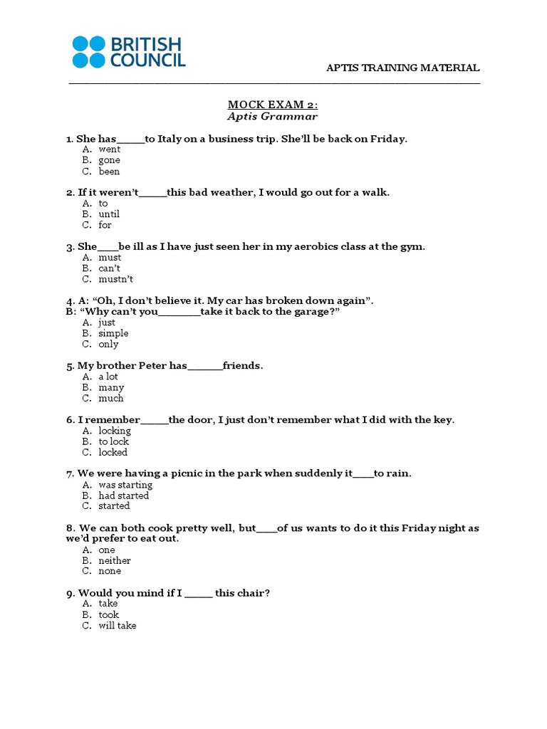 Aptis Grammar and Vocabulary Mock Exam 2 | PDF