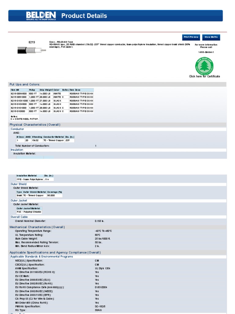 Datasheet Belden RG58A PDF Coaxial Cable Electricity