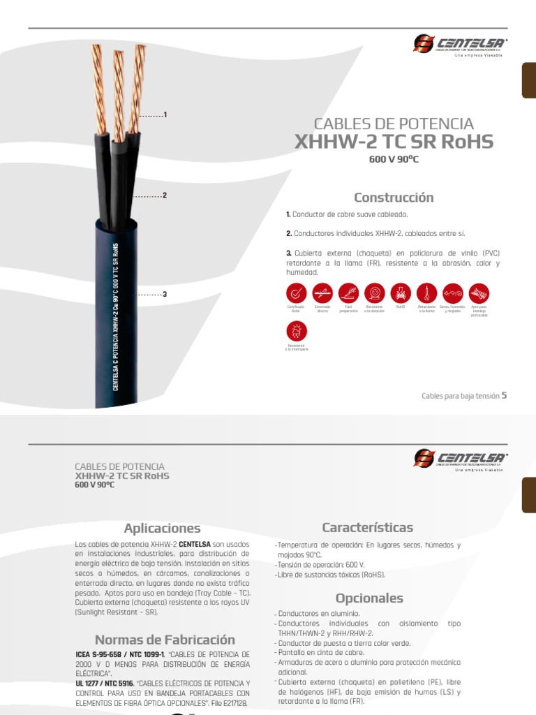 Cables para Baja Tension Cables de Potencia XHHW 2 TC SR Rohs 600 V 90c