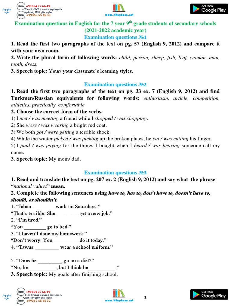 9th Grade English Exam Questions | PDF | English Language | Language ...