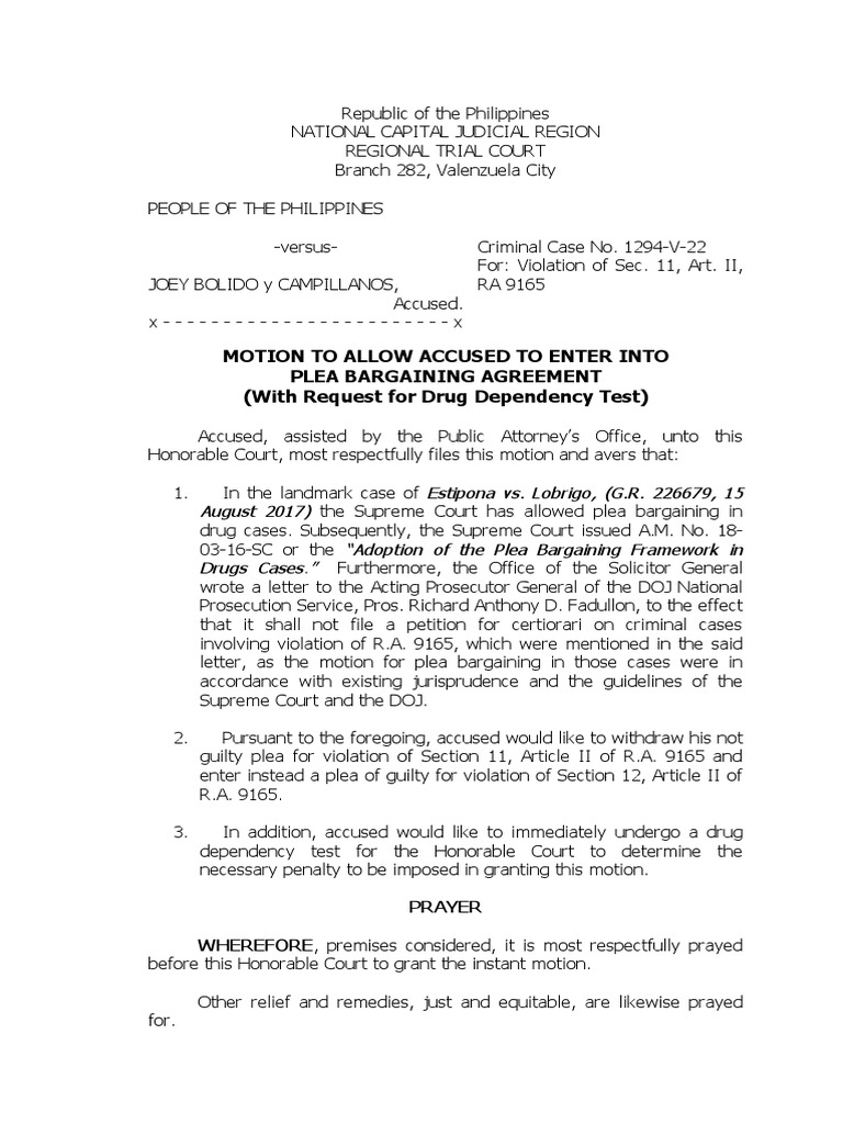 Plea Bargain Motion in Drug Case | PDF | Law