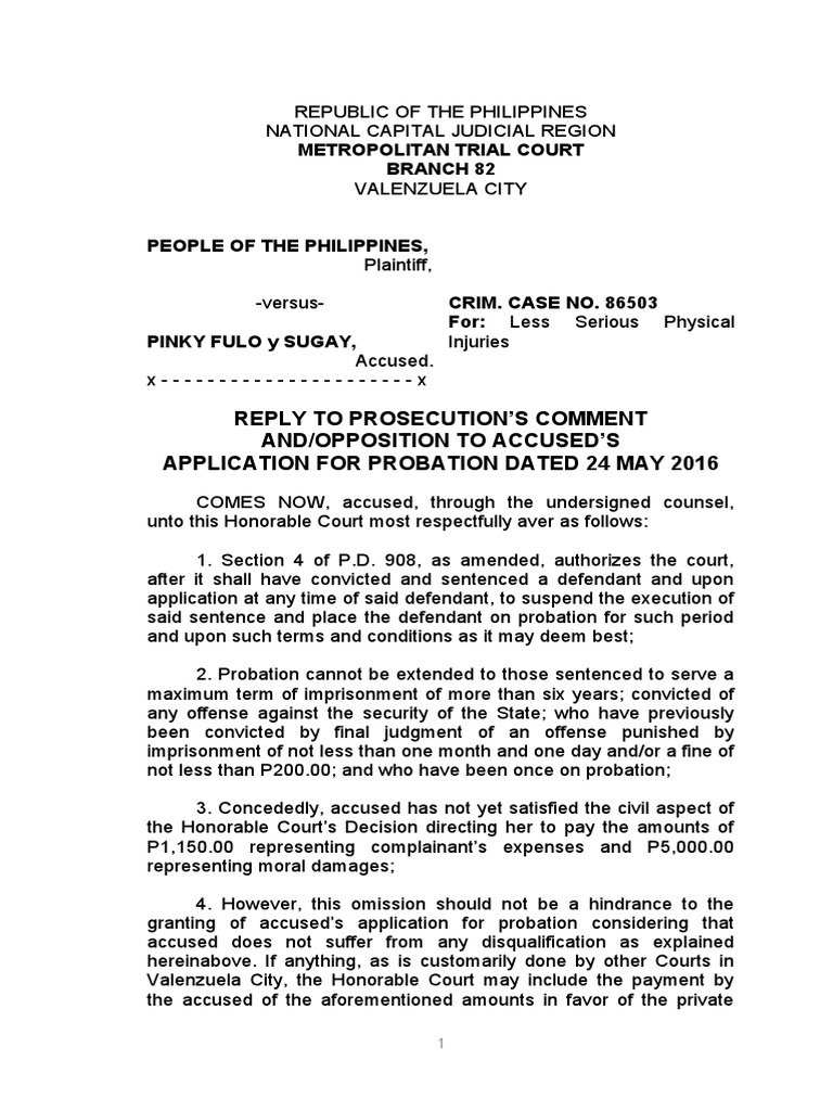 Reply to Opposition on Probation Application | PDF | Probation | Prosecutor