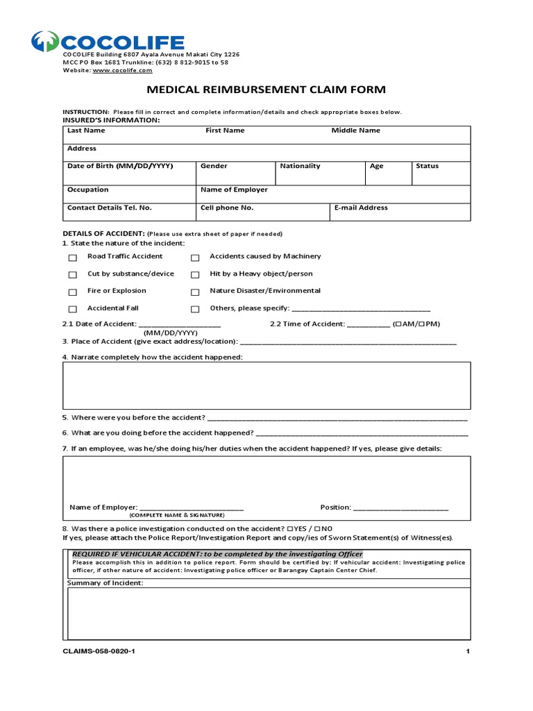 CLAIMS05808201 Medical Reimbursement Claim Form PDF Health