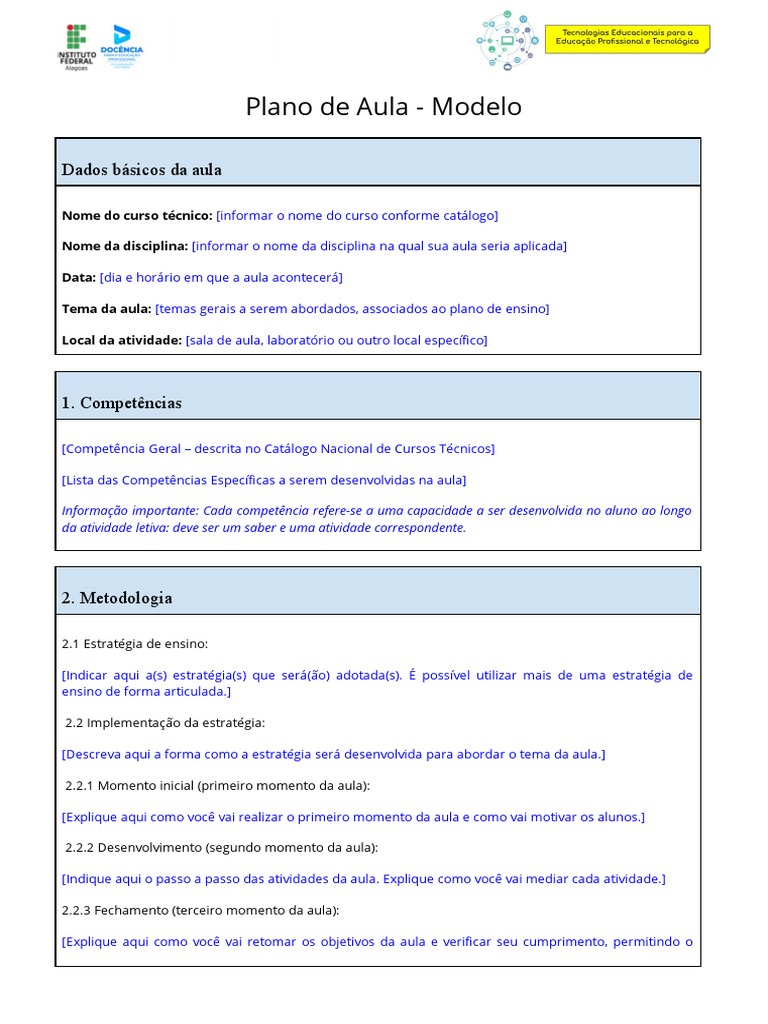 Modelo de Plano de Aula em Word - Ifal | PDF