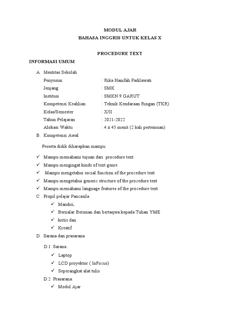 MODUL AJAR Procedure Text Kelas X Hasil Revisi | PDF