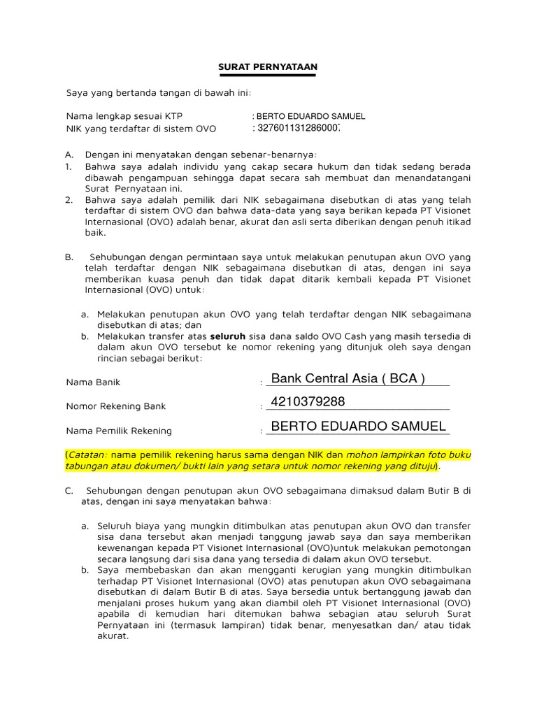 Surat Penutupan Akun OVO | PDF