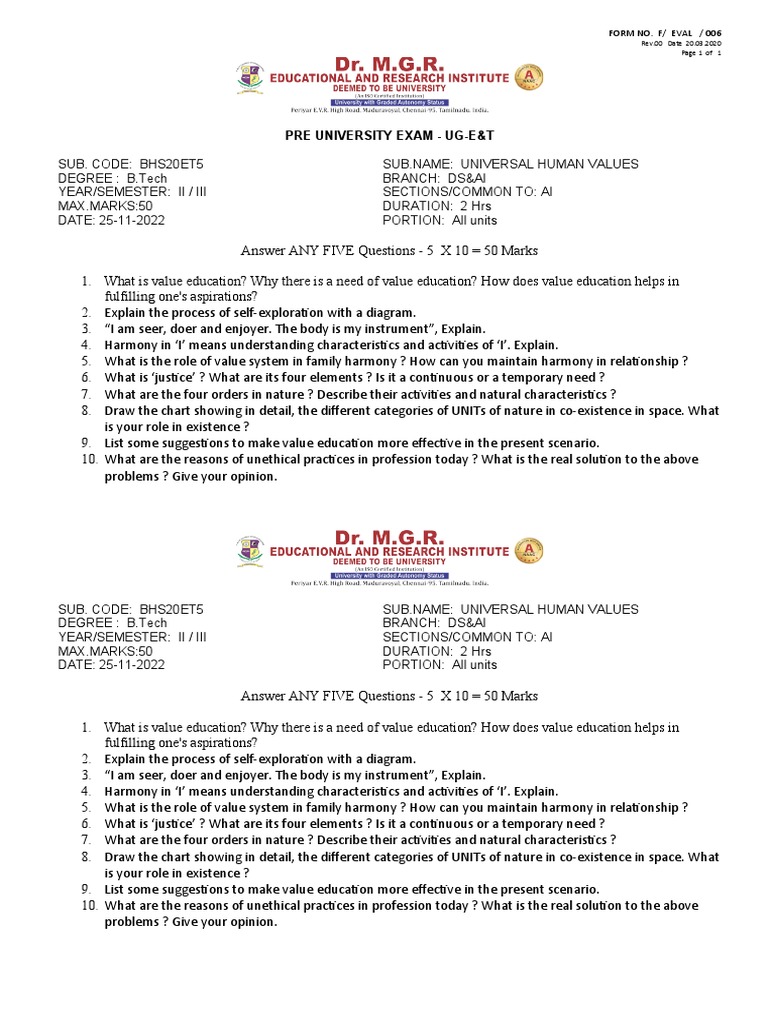 Universal Human Values Exam Questions | PDF