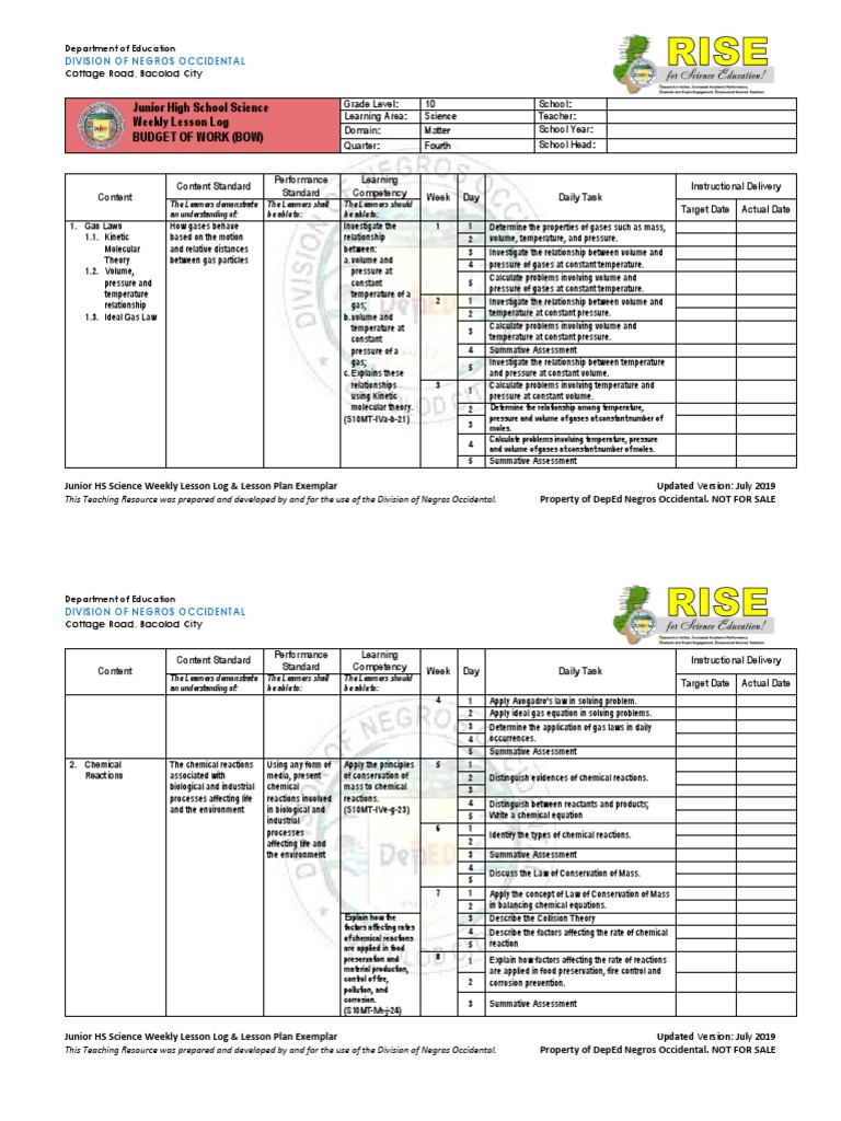 Grade 10 Science Weekly Lesson Plan | PDF | Gases | Temperature
