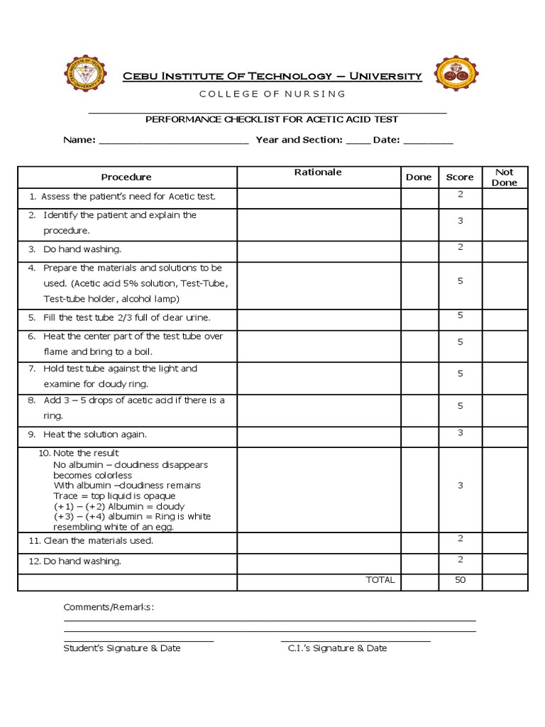 Acetic Acid Test Performance Checklist PDF Chemical Substances