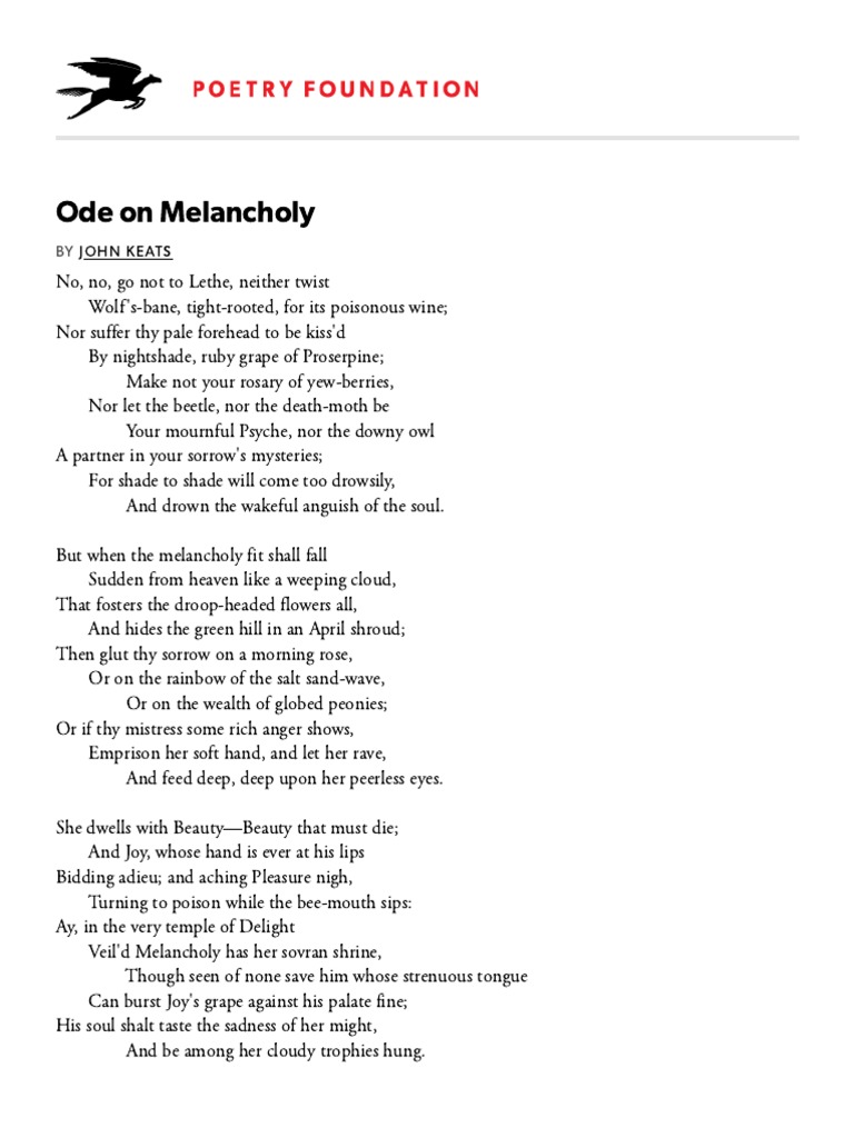 Ode on melancholy by john keats poetry foundation pdf