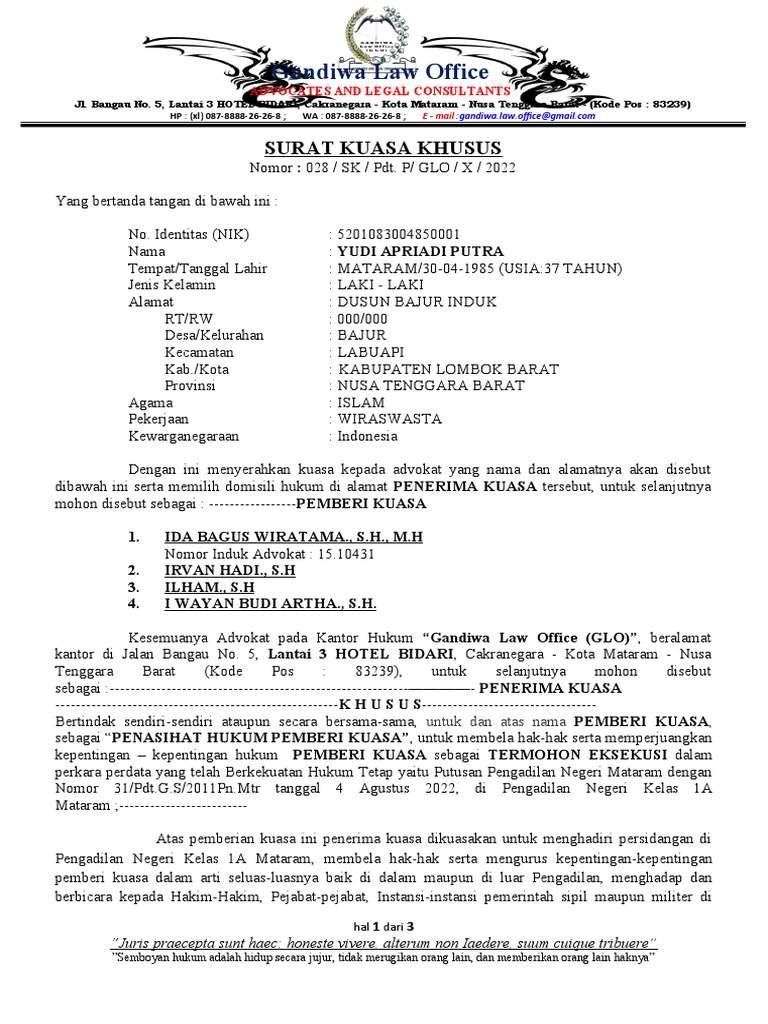 Surat Kuasa Eksekusi Salinan | PDF