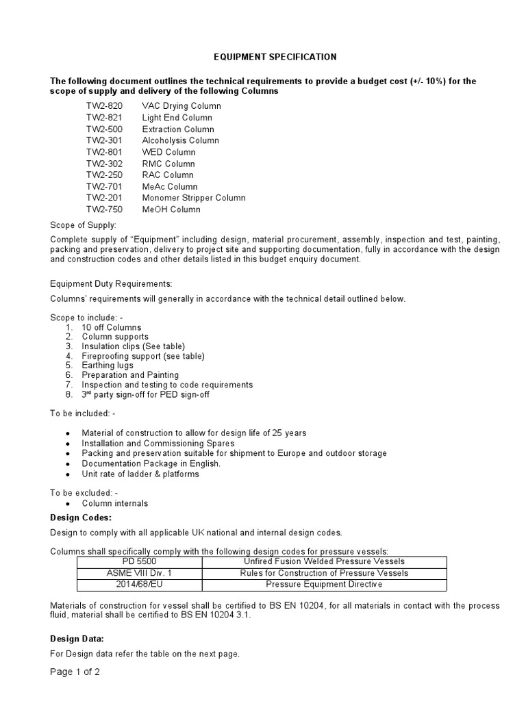 Equipment Specification for Columns | PDF | Mechanical Engineering ...