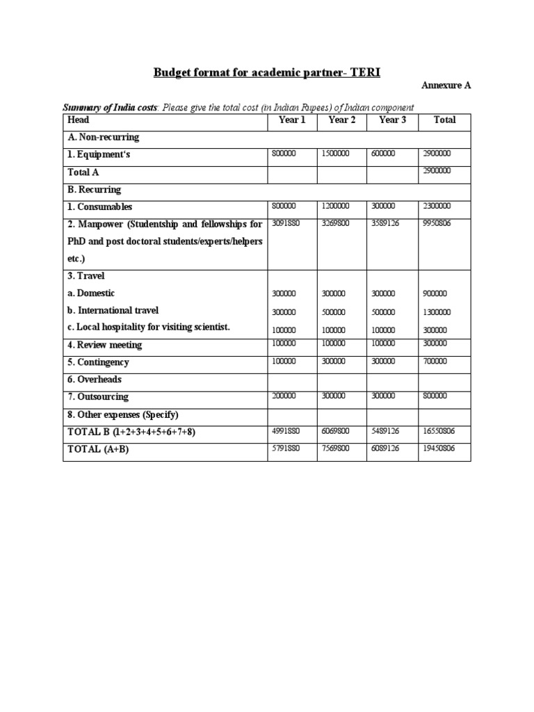 Budget Format for Academic Partner Outlining Three Year Costs for