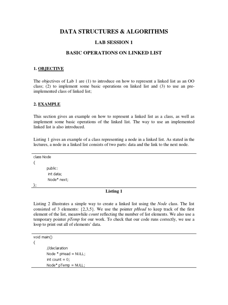 Data Structures & Algorithms: Lab Session 1 Basic Operations On Linked ...