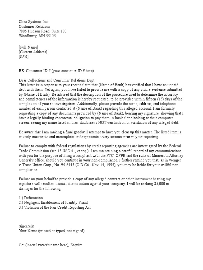 ChexSystems Dispute Letter Template | PDF