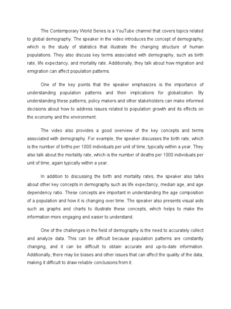 Global Demography Reaction Paper PDF Demography Population