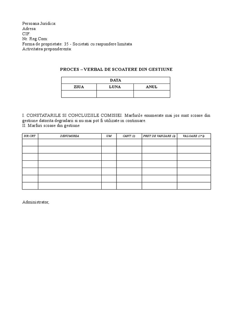 Proces Verbal de Scoatere Din Gestiune A Marfurilor Distruse | PDF