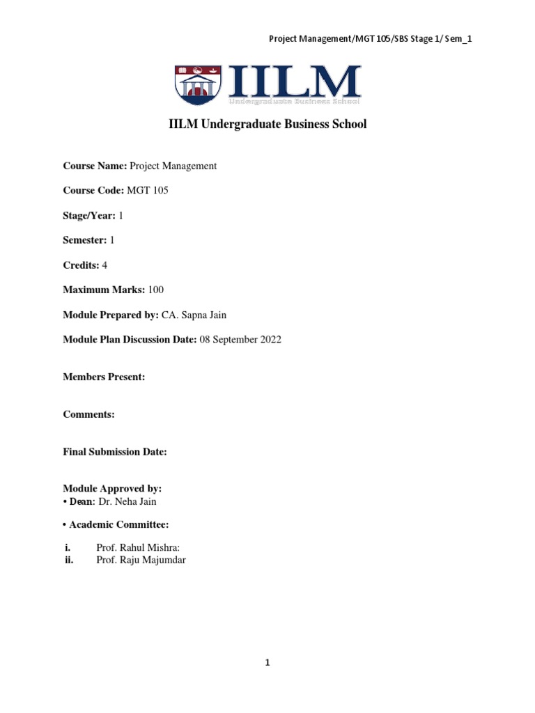 Project Management Course Overview MGT 105 | PDF | Educational ...