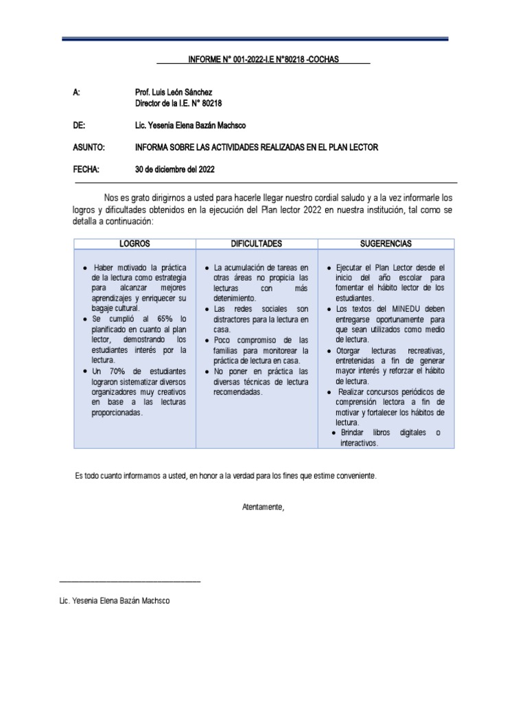 Informe Plan Lector Pdf Aprendizaje Modificación De Comportamiento