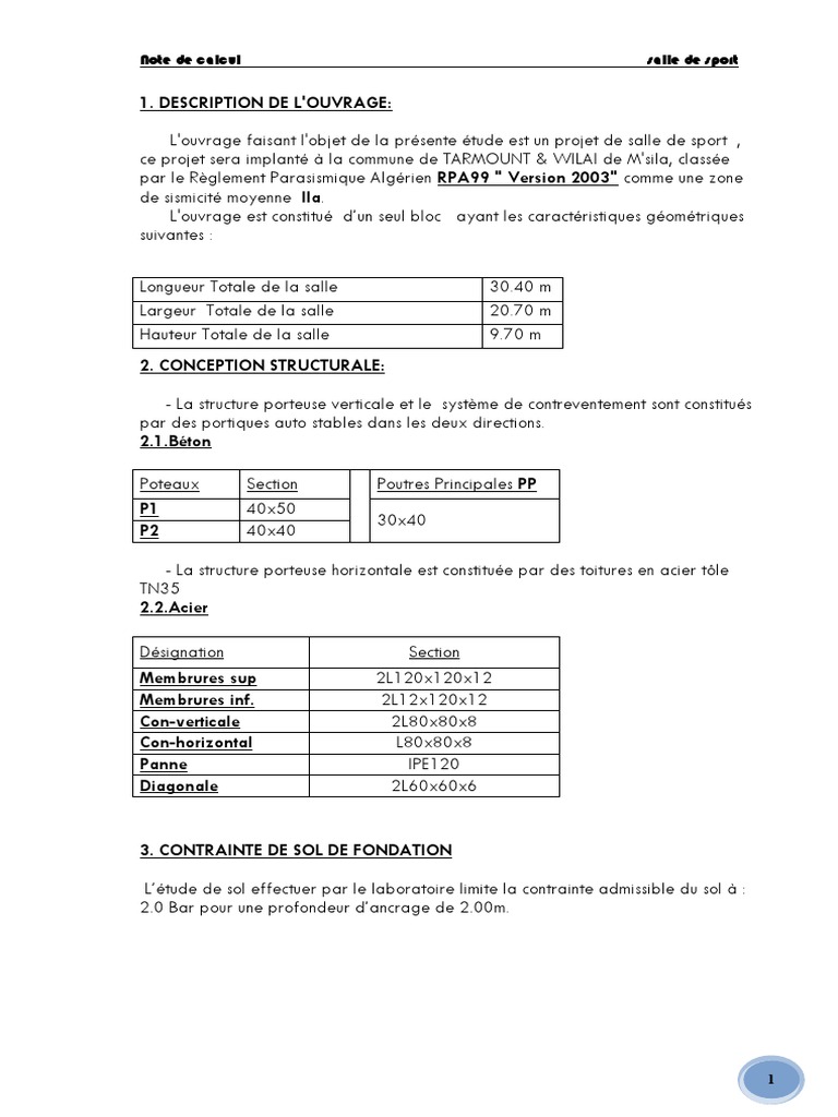 Note de calcul pour salle de sport | PDF | Béton armé | Élasticité ...