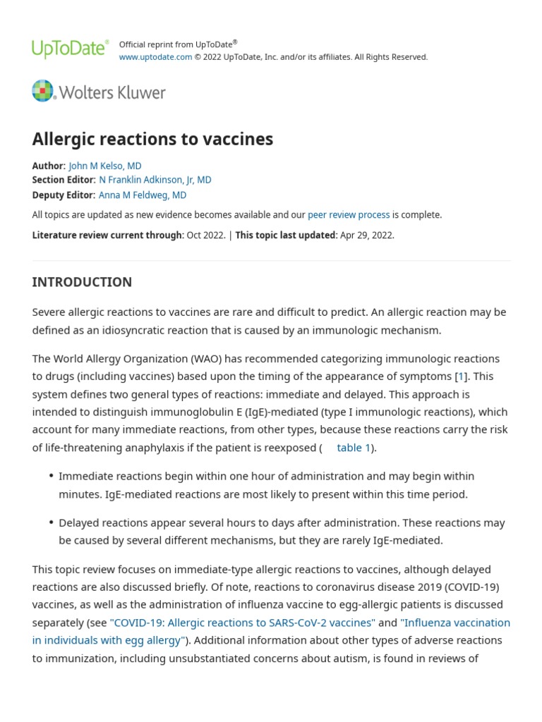 Allergic Reactions To Vaccines - UpToDate, PDF, Allergy