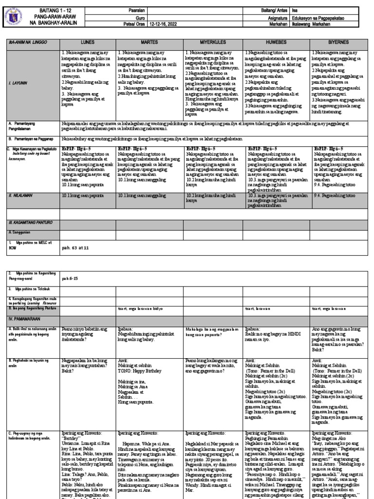 EsP 1 DLL WEEK 6 2nd QUARTER | PDF